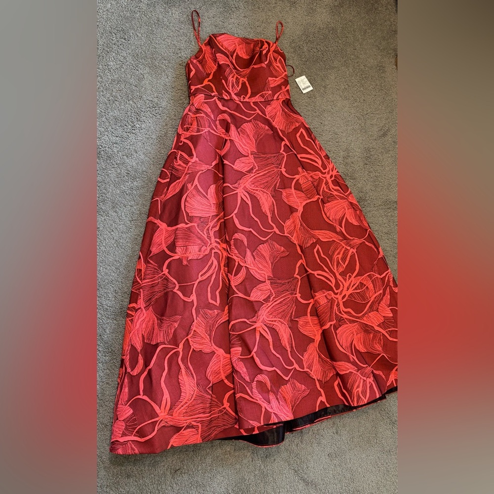 Amsale New Italian Fluorescent Floral Jacquard Gown In Coral Black Size 14 - Picture 7 of 16